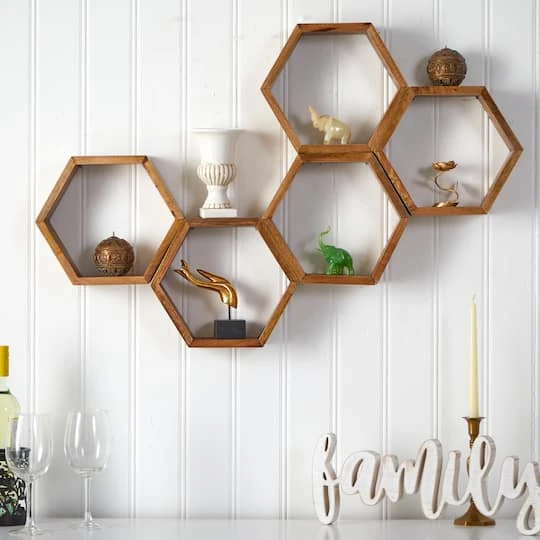 12" Wooden Hexagon Floating Honeycomb Shelf (Set Of 5) 6 12" Wooden Hexagon Floating Honeycomb Shelf (Set Of 5) - Image 4