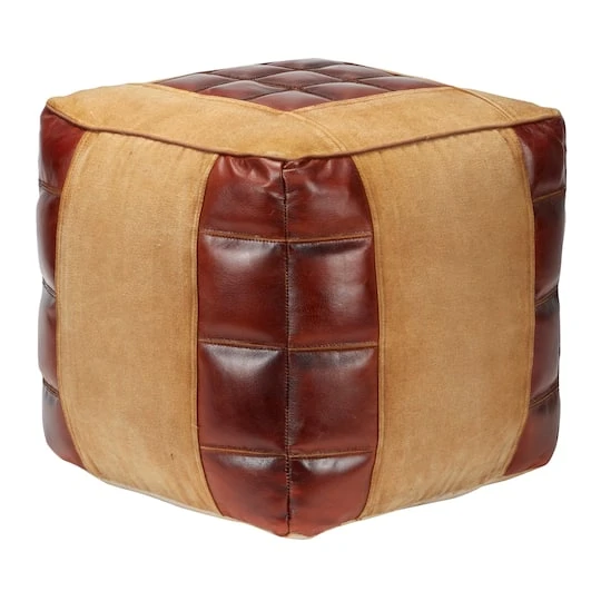 Brown Canvas And Leather Rustic Pouf, 17" X 20" X 20" 6 Brown Canvas And Leather Rustic Pouf, 17" X 20" X 20" - Image 4