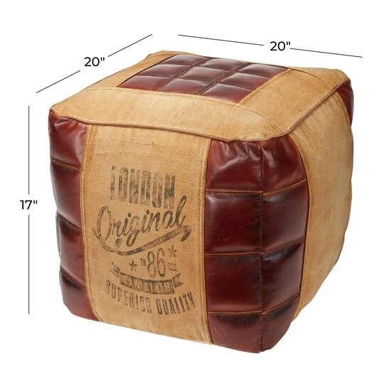 Brown Canvas And Leather Rustic Pouf, 17" X 20" X 20" 10 Brown Canvas And Leather Rustic Pouf, 17" X 20" X 20" - Image 8
