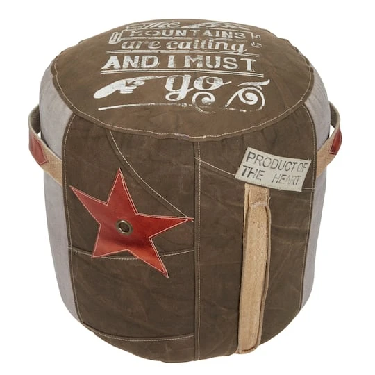Brown Canvas And Leather Rustic Pouf, 19" X 17" X 17" 3 Brown Canvas And Leather Rustic Pouf, 19" X 17" X 17"