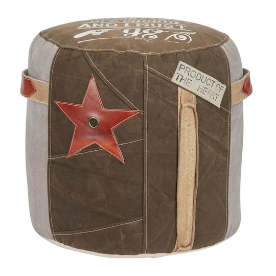 Brown Canvas And Leather Rustic Pouf, 19" X 17" X 17" 6 Brown Canvas And Leather Rustic Pouf, 19" X 17" X 17" - Image 4