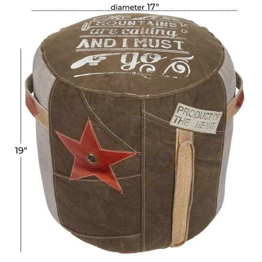 Brown Canvas And Leather Rustic Pouf, 19" X 17" X 17" 11 Brown Canvas And Leather Rustic Pouf, 19" X 17" X 17" - Image 9