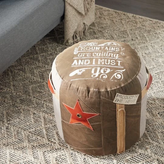 Brown Canvas And Leather Rustic Pouf, 19" X 17" X 17" 12 Brown Canvas And Leather Rustic Pouf, 19" X 17" X 17" - Image 10