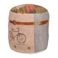 Multi Colored Cotton And Leather Bohemian Pouf, 19" X 17" X 17" -Michaels Decor Sale D489350S 2