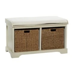 White Traditional Wood Storage Bench, 20" X 34"