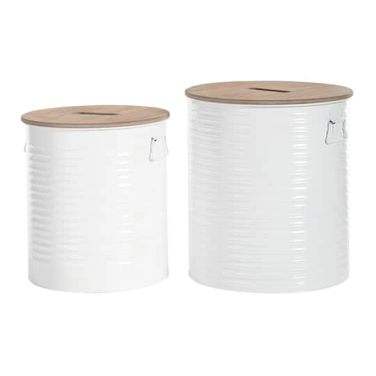 Set Of 2 White Metal Farmhouse Storage Stool, 18", 16" 5 Set Of 2 White Metal Farmhouse Storage Stool, 18", 16" - Image 3