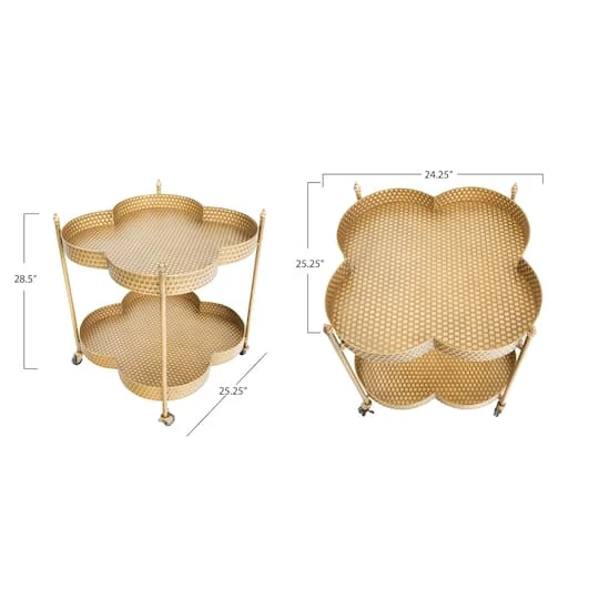 Hello Honey® 28.5" 2-Tier Clover Shaped Metal Bar Cart On Caster Wheels Antique Brass 9 Hello Honey® 28.5" 2-Tier Clover Shaped Metal Bar Cart On Caster Wheels Antique Brass - Image 7