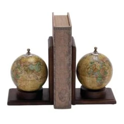 8" Rustic Brown Wood Globe Bookends