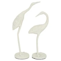 Set Of 2 White Metal Coastal Bird Sculpture, 10", 12"