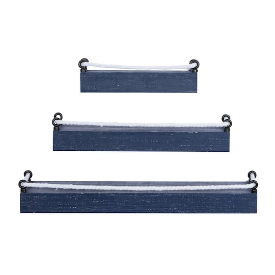 Set Of 3 Blue Wood Contemporary Wall Shelves 32", 25", 17" 3 Set Of 3 Blue Wood Contemporary Wall Shelves 32", 25", 17"