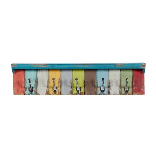 Multi Color Wood Coastal Wall Hooks With Shelf, 9" X 35" X 5" 4 Multi Color Wood Coastal Wall Hooks With Shelf, 9" X 35" X 5" - Image 2