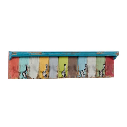Multi Color Wood Coastal Wall Hooks With Shelf, 9" X 35" X 5" 5 Multi Color Wood Coastal Wall Hooks With Shelf, 9" X 35" X 5" - Image 3