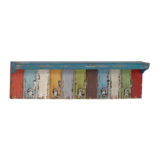 Multi Color Wood Coastal Wall Hooks With Shelf, 9" X 35" X 5" 6 Multi Color Wood Coastal Wall Hooks With Shelf, 9" X 35" X 5" - Image 4