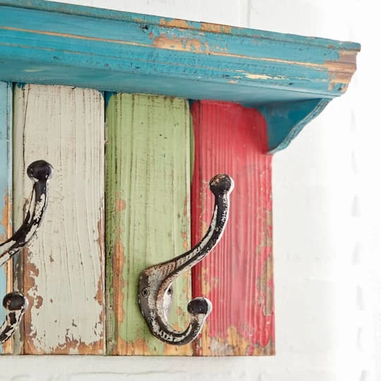 Multi Color Wood Coastal Wall Hooks With Shelf, 9" X 35" X 5" 7 Multi Color Wood Coastal Wall Hooks With Shelf, 9" X 35" X 5" - Image 5