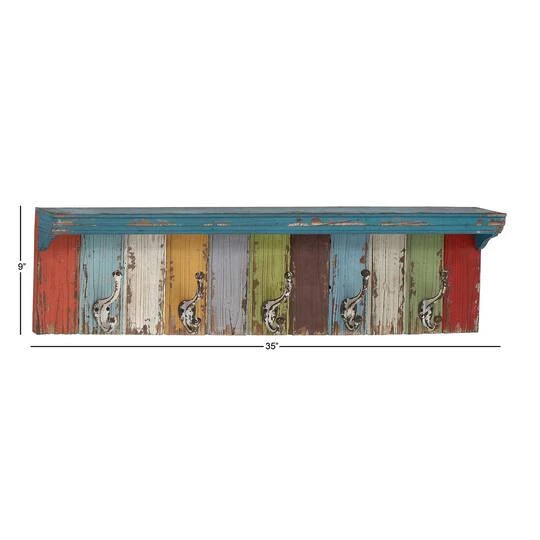 Multi Color Wood Coastal Wall Hooks With Shelf, 9" X 35" X 5" 9 Multi Color Wood Coastal Wall Hooks With Shelf, 9" X 35" X 5" - Image 7