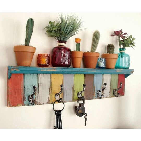 Multi Color Wood Coastal Wall Hooks With Shelf, 9" X 35" X 5" 11 Multi Color Wood Coastal Wall Hooks With Shelf, 9" X 35" X 5" - Image 9