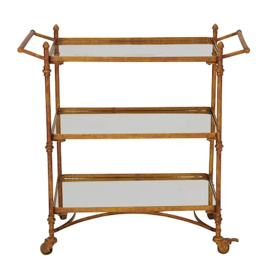 Brass Iron Bar Cart, 33" X 35" X 18" 3 Brass Iron Bar Cart, 33" X 35" X 18"