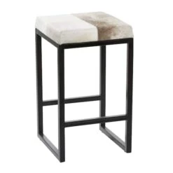 Black Iron And Leather Industrial Stool, 24" X 14" X 14"