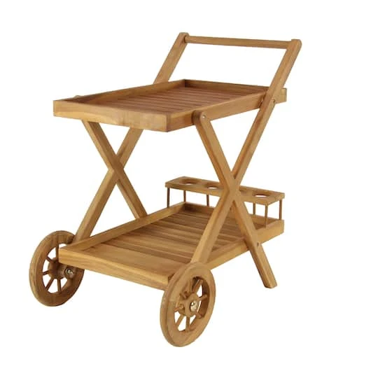 Brown Teak Wood Traditional Outdoor Rolling Serving Cart, 32" X 32" X 21" 4 Brown Teak Wood Traditional Outdoor Rolling Serving Cart, 32" X 32" X 21" - Image 2