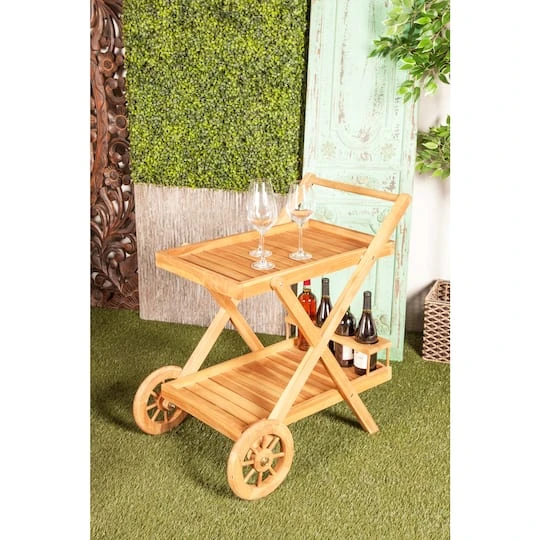 Brown Teak Wood Traditional Outdoor Rolling Serving Cart, 32" X 32" X 21" 13 Brown Teak Wood Traditional Outdoor Rolling Serving Cart, 32" X 32" X 21" - Image 11