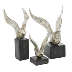 Set Of 3 Silver Polystone Contemporary Sculpture, 14", 9", 14"