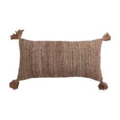 Woven Cotton Striped Lumbar Pillow With Chambray Back And Tassels Brown