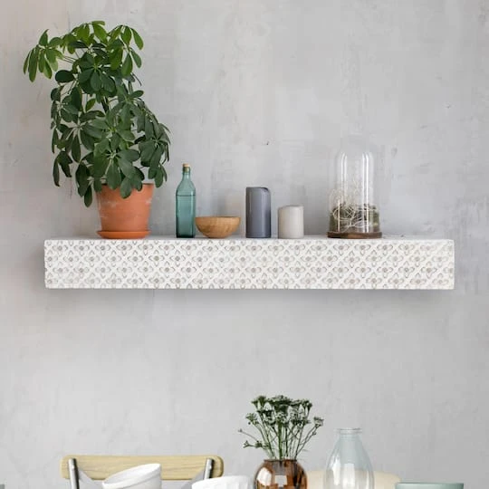 Small White Rustic Embossed Wood Floating Wall Shelf 5 Small White Rustic Embossed Wood Floating Wall Shelf - Image 3
