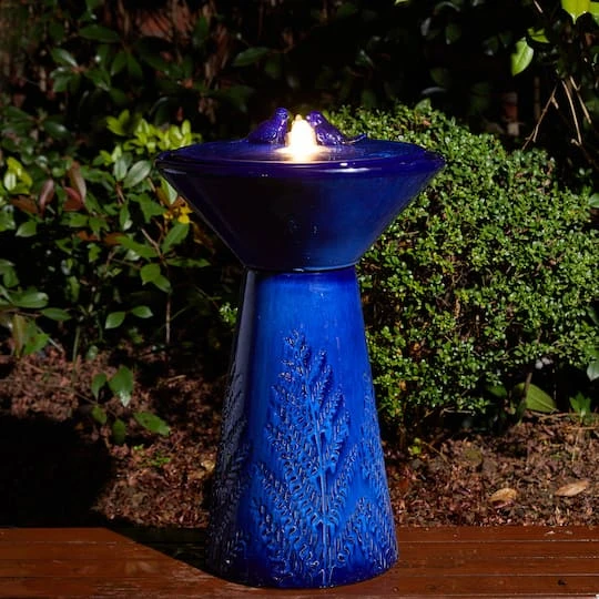 Glitzhome® 27.5" LED Bird Pedestal Ceramic Fountain Cobalt Blue 6 Glitzhome® 27.5" LED Bird Pedestal Ceramic Fountain Cobalt Blue - Image 4