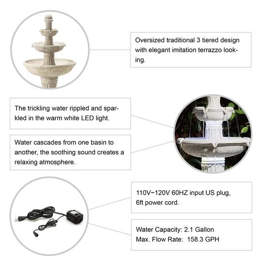 Glitzhome® 45" 3-Tier Ceramic Outdoor Fountain Sand Beige Terrazzo 10 Glitzhome® 45" 3-Tier Ceramic Outdoor Fountain Sand Beige Terrazzo - Image 8