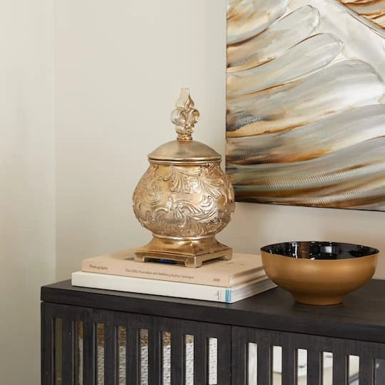 13" Gold Round Traditional Decorative Jar 12 13" Gold Round Traditional Decorative Jar - Image 10