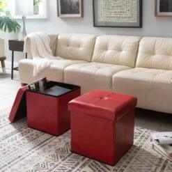 Simplify Faux Leather Folding Storage Ottoman Cube Red -Michaels Decor Sale D649033S 3