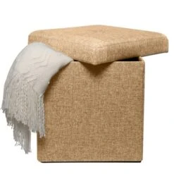 Simplify 15" Faux Linen Folding Storage Ottoman Cube Camel -Michaels Decor Sale D649042S 2