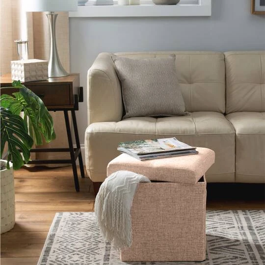 Simplify 15" Faux Linen Folding Storage Ottoman Cube Natural 7 Simplify 15" Faux Linen Folding Storage Ottoman Cube Natural - Image 5