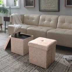 Simplify 15" Faux Linen Folding Storage Ottoman Cube Natural 20 Simplify 15" Faux Linen Folding Storage Ottoman Cube Natural -Michaels Decor Sale D649045S 4