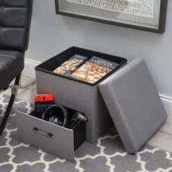 Simplify Gray Collapsible Storage Ottoman With Drawer -Michaels Decor Sale D649068S 5