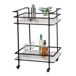 Honey Can Do 2-Tier Black & White Faux Marble Rolling Bar & Serving Cart