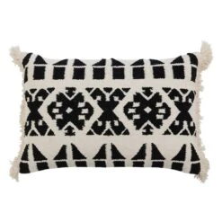 Hello Honey® Black And White Handwoven Cotton Kilim Lumbar Pillow Cover With Pattern And Fringe