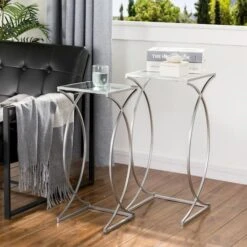 Glitzhome® Metal Tall Accent Table With Glass Top Set Silver -Michaels Decor Sale D670852S 2