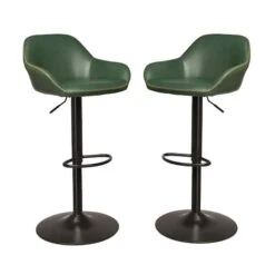 Glitzhome® Mid-Century Leatherette Gaslift Adjustable Swivel Bar Stool Set Hunter Green