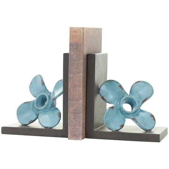 6.5" Teal Metal Boat Distressed Propeller Bookends With Brown L-Shaped Stands 4 6.5" Teal Metal Boat Distressed Propeller Bookends With Brown L-Shaped Stands - Image 2