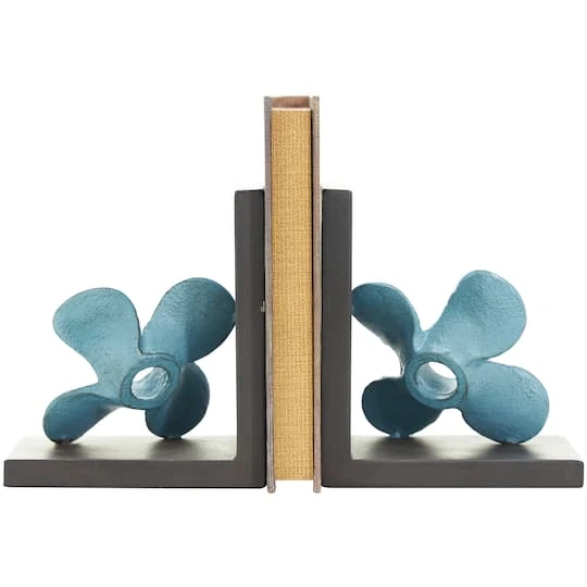 6.5" Teal Metal Boat Distressed Propeller Bookends With Brown L-Shaped Stands 8 6.5" Teal Metal Boat Distressed Propeller Bookends With Brown L-Shaped Stands - Image 6