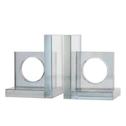 6" Silver Crystal Geometric Square Bookends With Circle Cut Outs Set