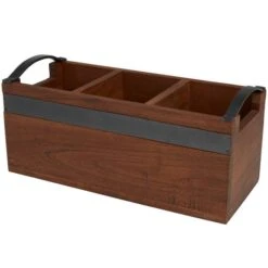 11.5" Brown Wood Modern 3 Section Decorative Tray With Metal Handles