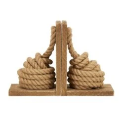 7" Brown Wood Knot Rope Bookends With Distressed L-Shaped Stands Set