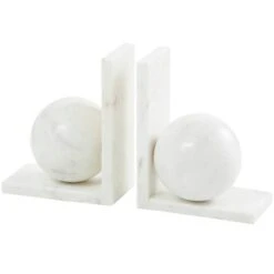 7" White Marble Sleek Orb Geometric Bookends With L-Shaped Bases Set