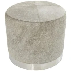 17" Gray Leather Patchwork Stool With Silver Metal Base