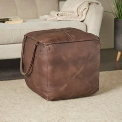 22" Leather Pouf With Woven Straps & Handles Dark Brown -Michaels Decor Sale D758398S 10