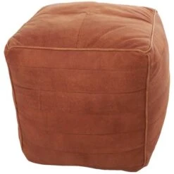 21" Leather Pouf With Linear Panels Tan