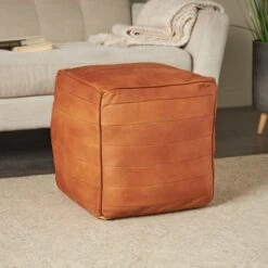 21" Leather Pouf With Linear Panels Tan -Michaels Decor Sale D758404S 10