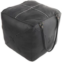 22" Leather Pouf With Woven Straps & Handles Black